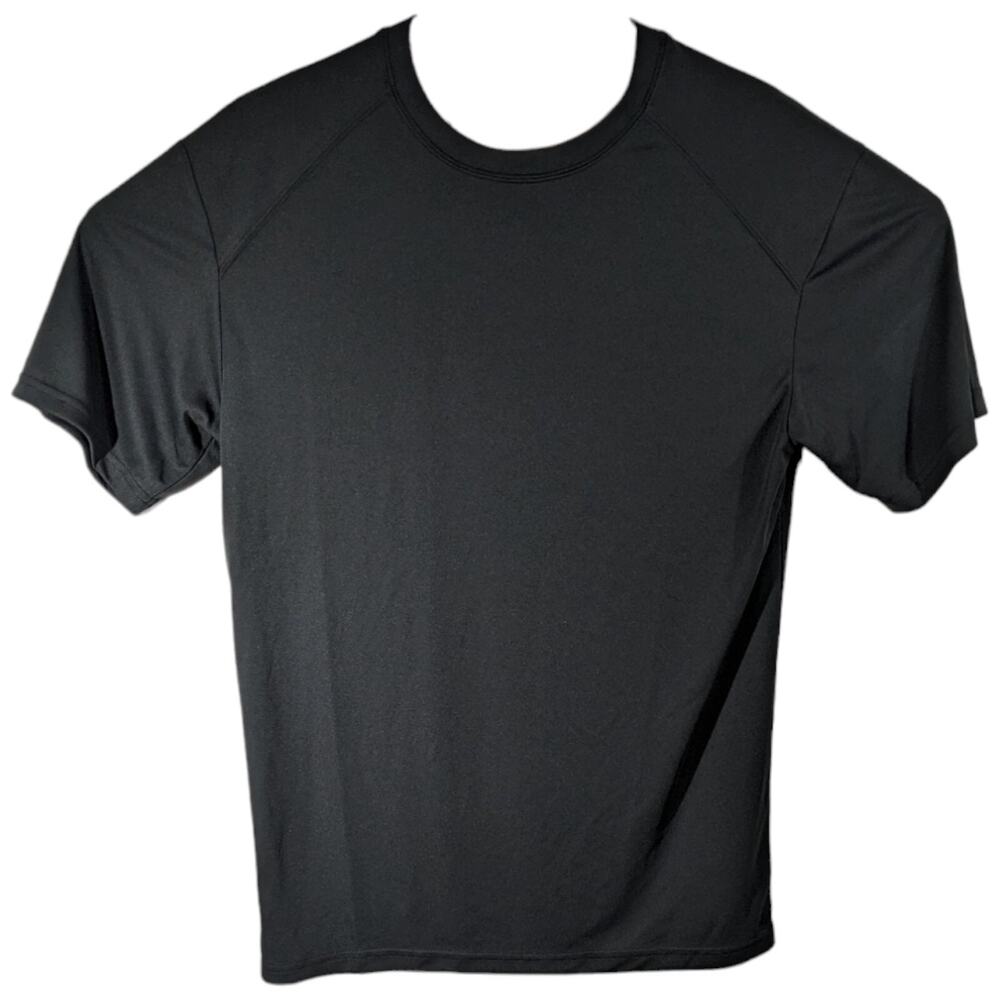 Solid Black Short Sleeve Workout Shirt Mens L Large Polyester Crew Neck Top
